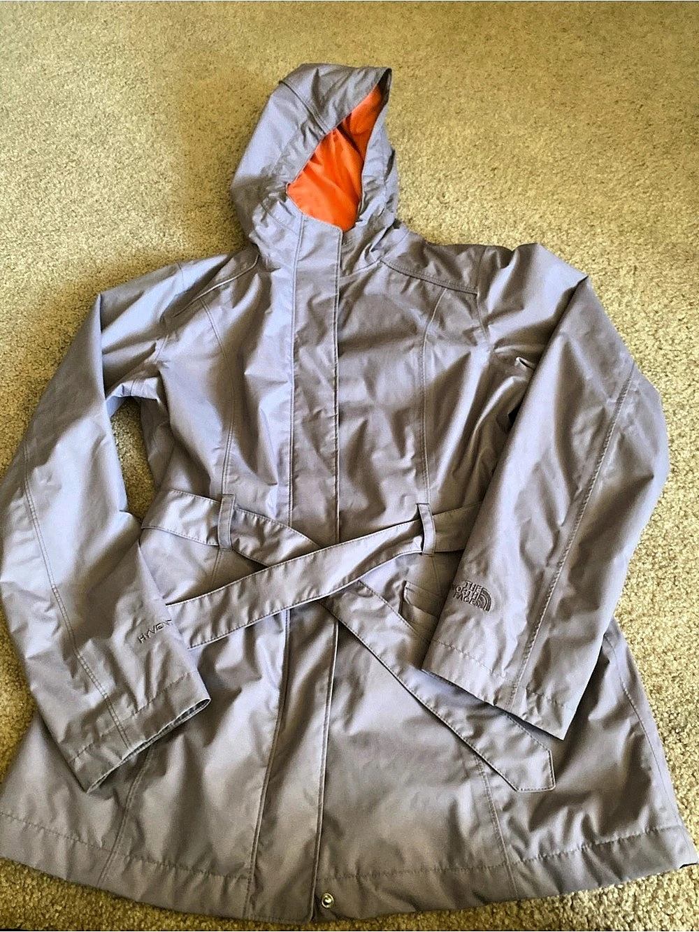 The North Face Hyvent Trench Jacket Size M Lavender Gray Hooded Belted Parka